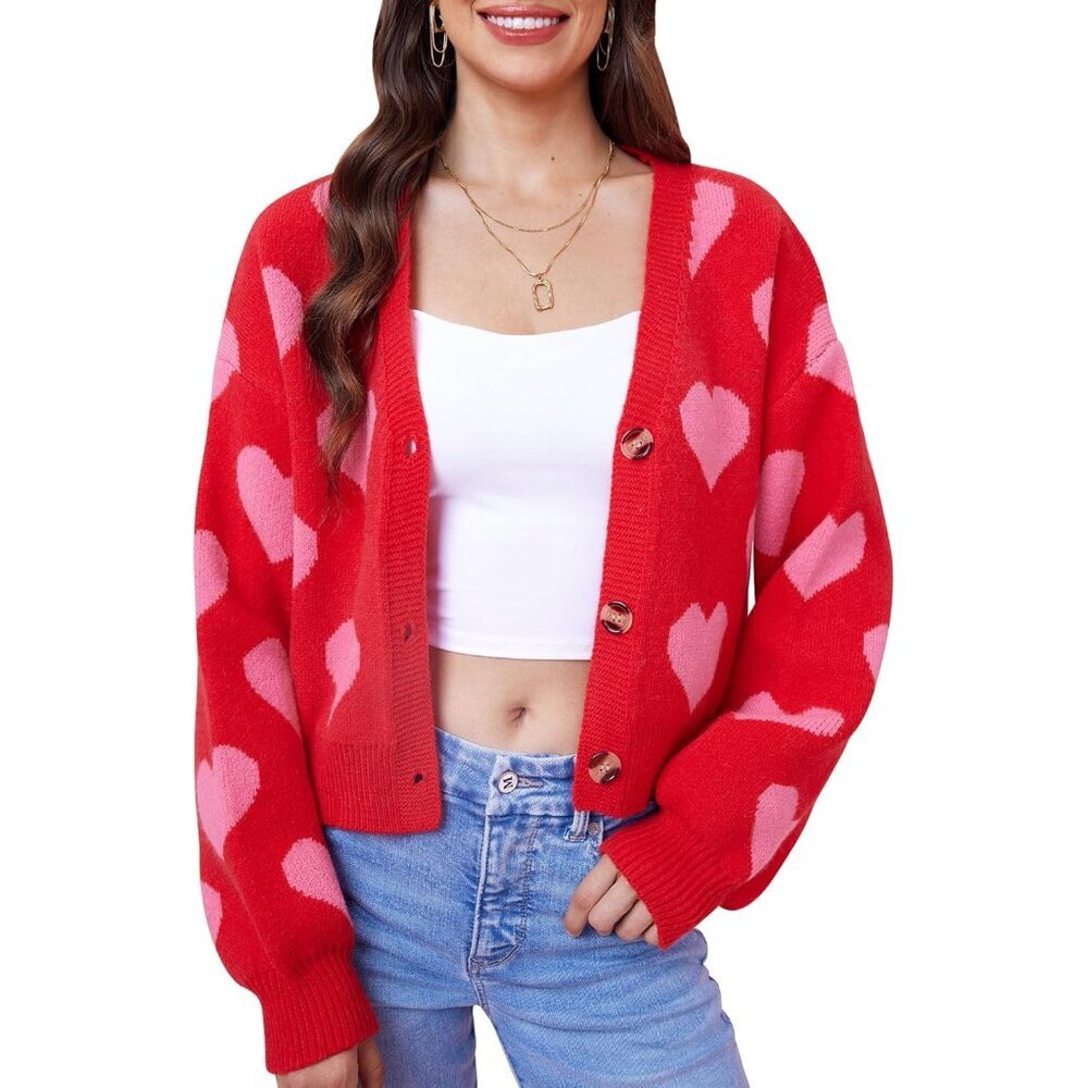 Women's Cropped Heart Cardigan Knit Sweater Y2k Long Sleeve Button